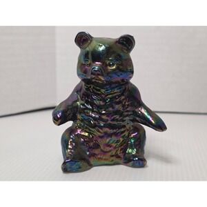 Mosser Carnival‎ Glass Bear Paperweight Oil Slick Iridescent Figurine
